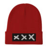 Introducing the Bold & brave XXX (3 Amsterdam Crosses) embroidered Beanie, a striking red knit beanie featuring a black front patch adorned with three white Amsterdam Crosses embroidered in a row.