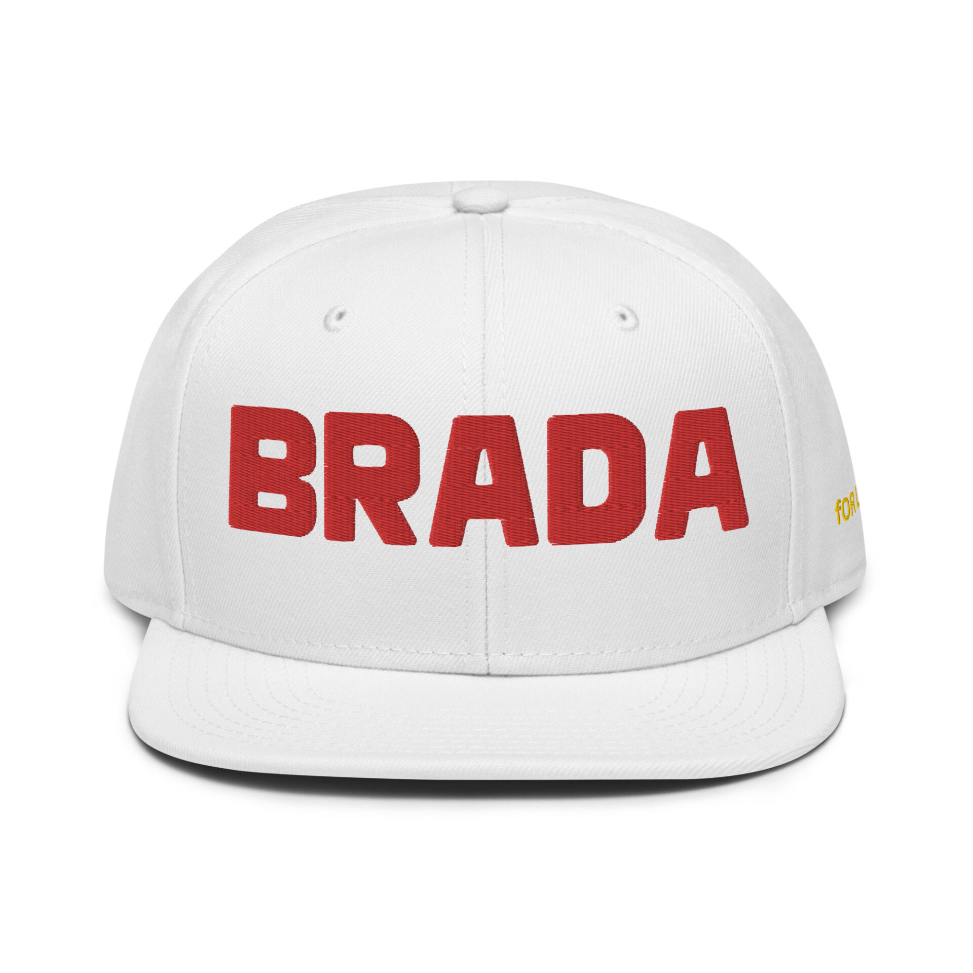 The BRADA fOR LIFE. snapback cap in WHITE, featuring bold red BRADA, combines style with function through its flat brim and small ventilation holes, offering a sleek look accented by a GREY under visor.