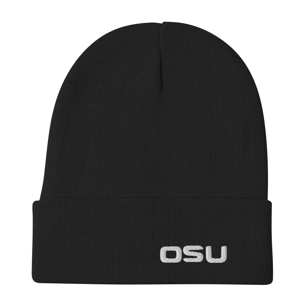 The OSU Embroidered Beanie is a black beanie with “OSU” stitched in white letters on the front fold. The OSU Embroidered Beanie is a black beanie with “OSU” stitched in white letters on the front fold.