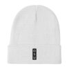 The Subtle & Mighty OSU Embroidered Beanie is a white knit hat with a folded brim, featuring a black vertical patch embroidered with the letters “OSU” in white.