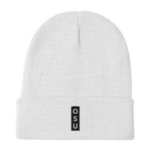 The Subtle & Mighty OSU Embroidered Beanie is a white knit hat with a folded brim, featuring a black vertical patch embroidered with the letters “OSU” in white.
