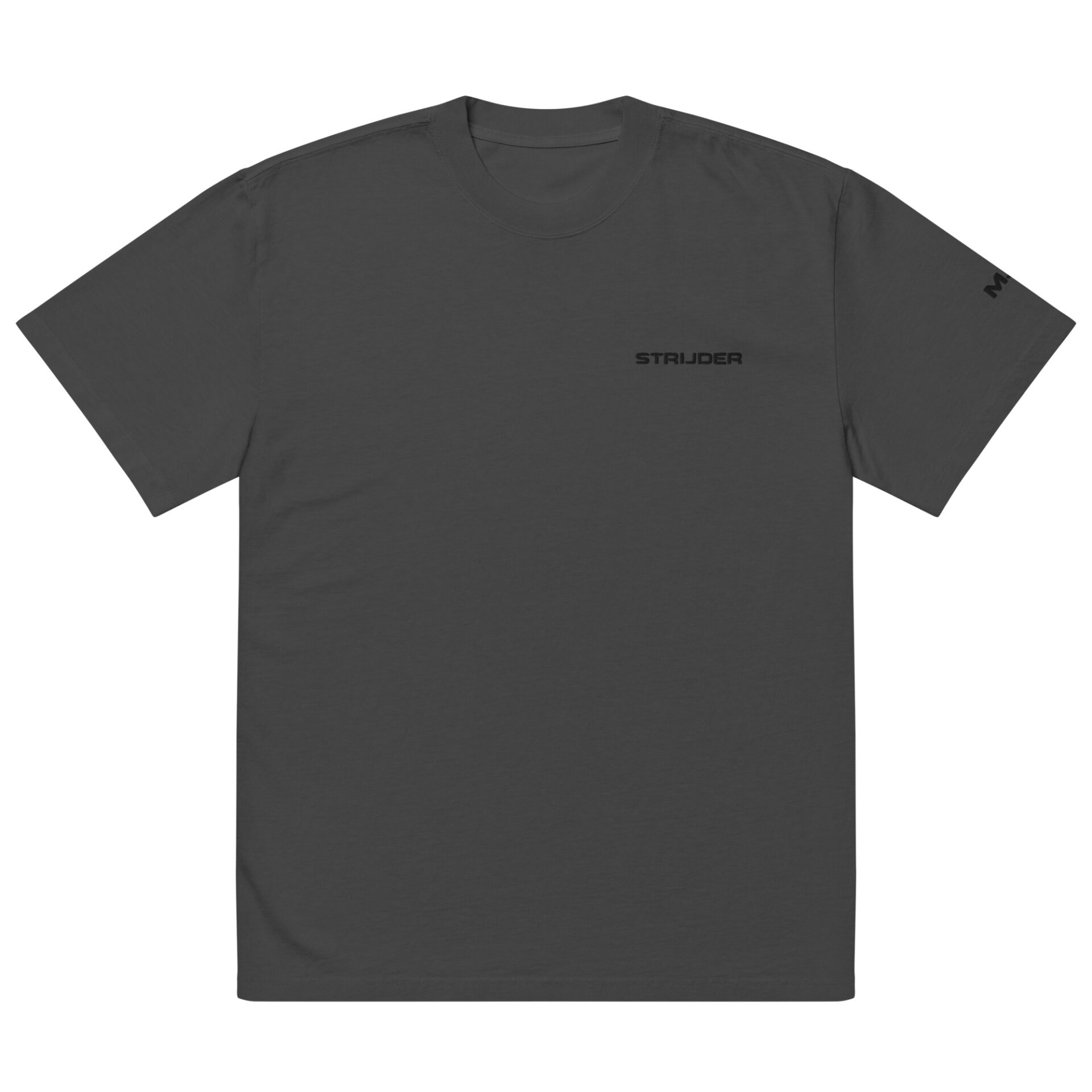 The STRIJDER Oversized faded shirt is a plain dark gray t-shirt with minimalistic text STRIJDER in black on the front, and a small black logo on the left sleeve, offering subtle detail to this classic crew neck design. The STRIJDER Oversized faded shirt is a plain dark gray t-shirt with minimalistic text STRIJDER in black on the front, and a small black logo on the left sleeve, offering subtle detail to this classic crew neck design.