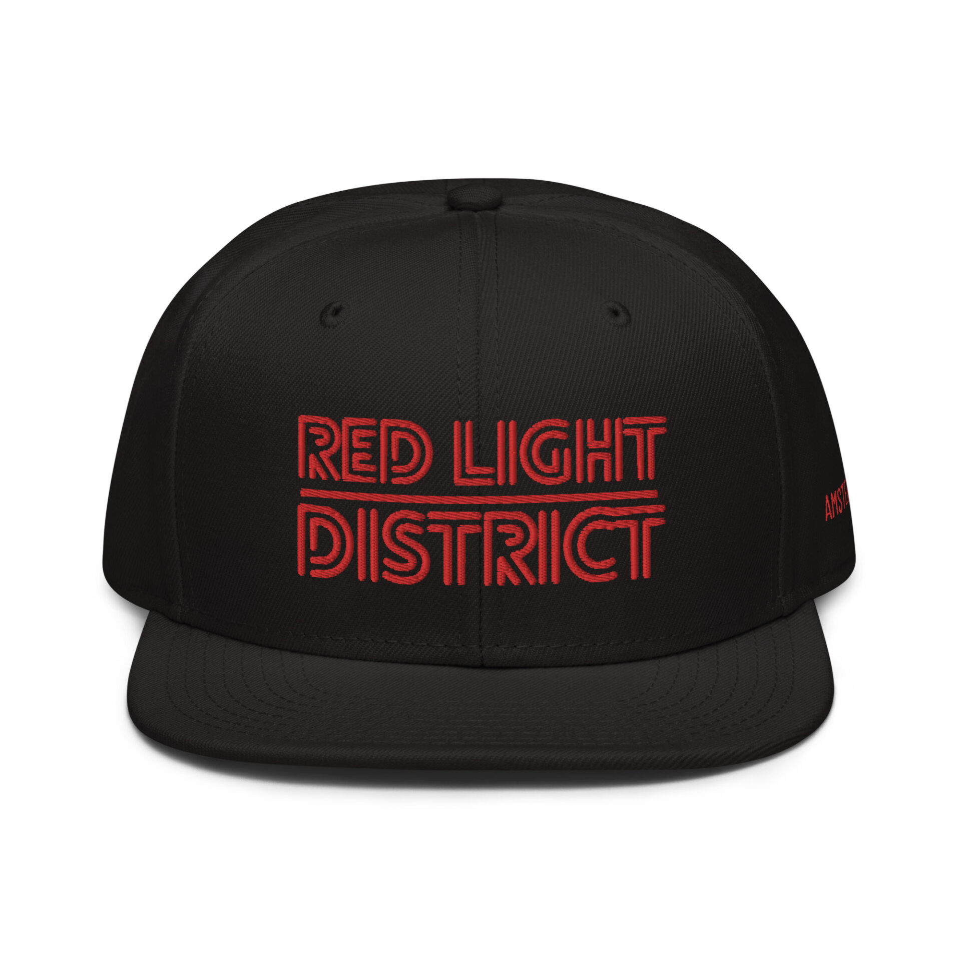 The RED LIGHT DISTRICT snapback cap, in sleek black, features Red Light District embroidered in bold red letters and is designed with a stylish grey under visor.