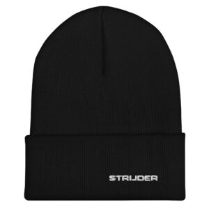 The strijder embroidered Cuffed Beanie is a plain black beanie with the word “STRIJDER” stitched in white on its folded brim.