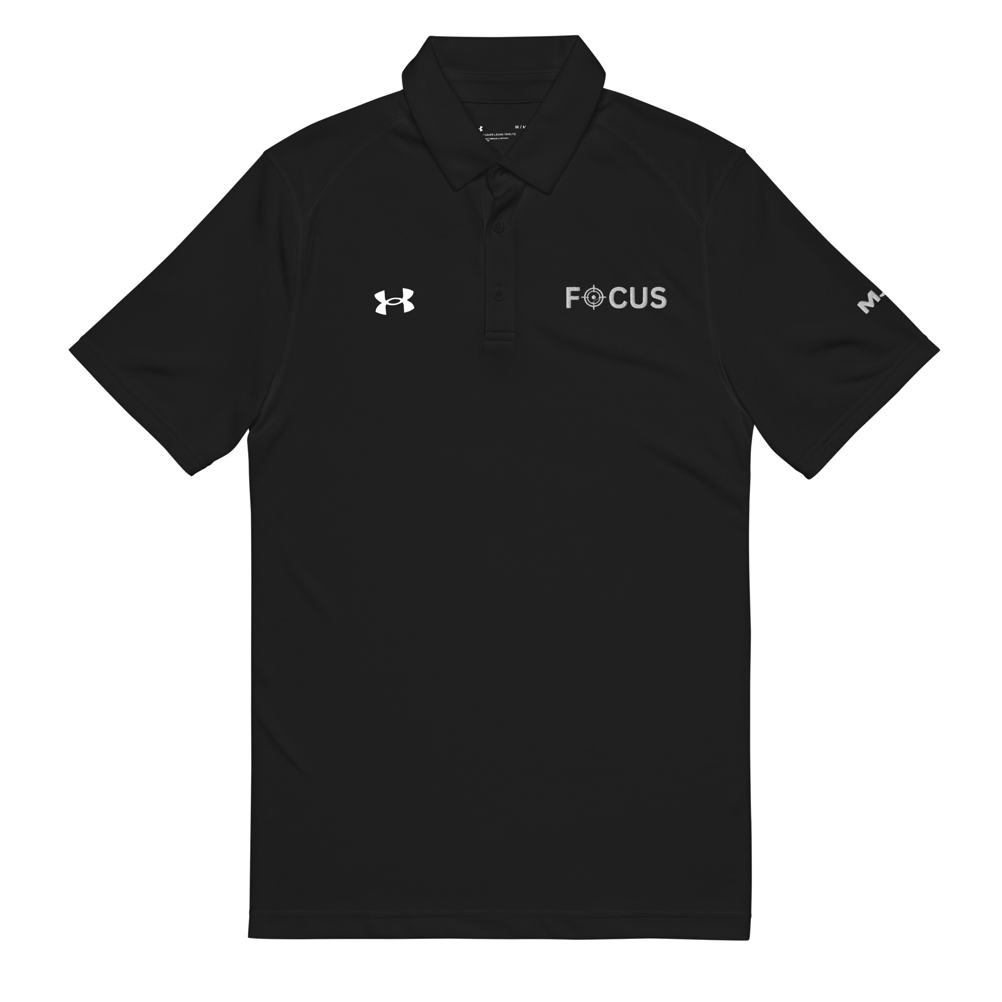 Under ArmourĀ® menās polo featuring a black design with FOCUS and a crosshair logo embroidered on the left chest, the Under Armour logo on the right chest, and M* on the left sleeve. Under ArmourĀ® menās polo featuring a black design with FOCUS and a crosshair logo embroidered on the left chest, the Under Armour logo on the right chest, and M* on the left sleeve.