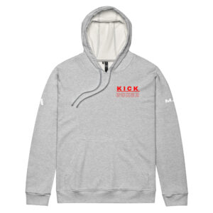 Introducing the Adidas® fleece hoodie KICKBOXER EAT TRAIN SLEEP REPEAT: This light gray hoodie features a cozy front pocket, crisp white drawstrings, and “KICK BOXER” printed in bold red on the left chest. Stylish white Adidas logos accent both sleeves, while the hood’s inner lining is a clean, bright white. Perfect for those who live by the motto “eat train sleep repeat,” this hoodie is photographed laid flat on a white background.