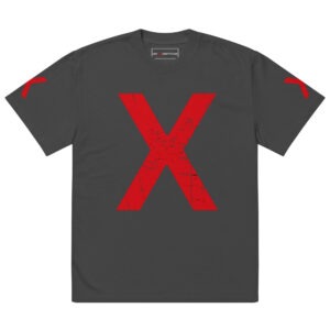 Introducing the XXX DAMSKO Oversized faded t-shirt: a dark gray, oversized piece showcasing DAMSKO’s signature bold style with a large distressed red X on the front and smaller red X details on both sleeves. The subtly faded finish lends an edgy, worn-in vibe—perfect for effortless streetwear looks.