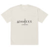 A’DAM XXX Oversized faded shirt in white, with bold black ADAM | X X X lettering across the chest and AMSTERDAMSKO printed underneath in smaller font.