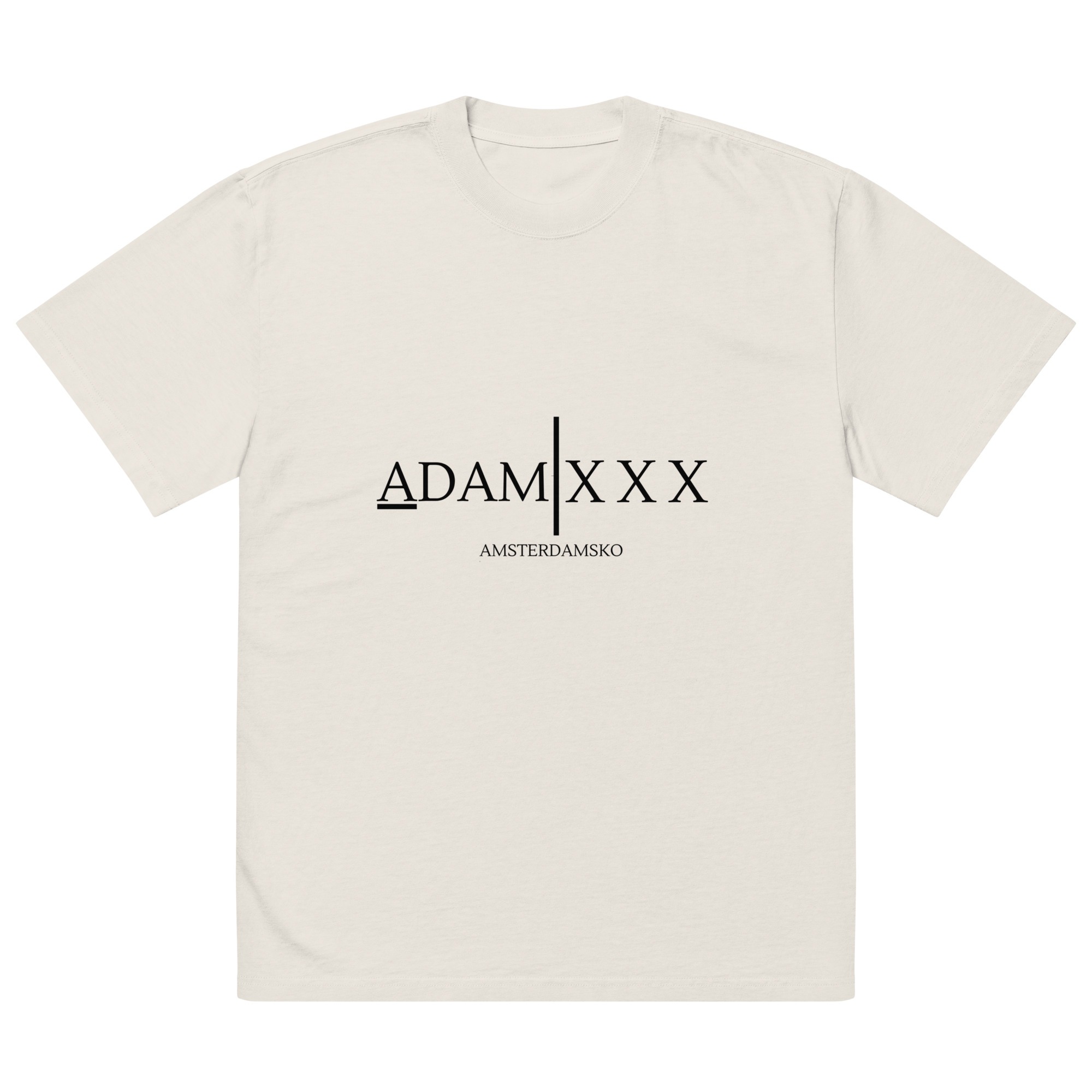 A’DAM XXX Oversized faded shirt in white, with bold black ADAM | X X X lettering across the chest and AMSTERDAMSKO printed underneath in smaller font.