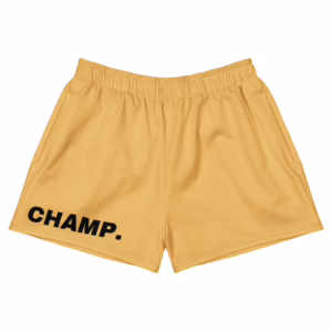 CHAMP Golden Athletic Shorts feature an elastic waistband for maximum comfort and style during any workout. The bold “CHAMP.” print in black on the lower left leg makes these athletic shorts a standout choice.