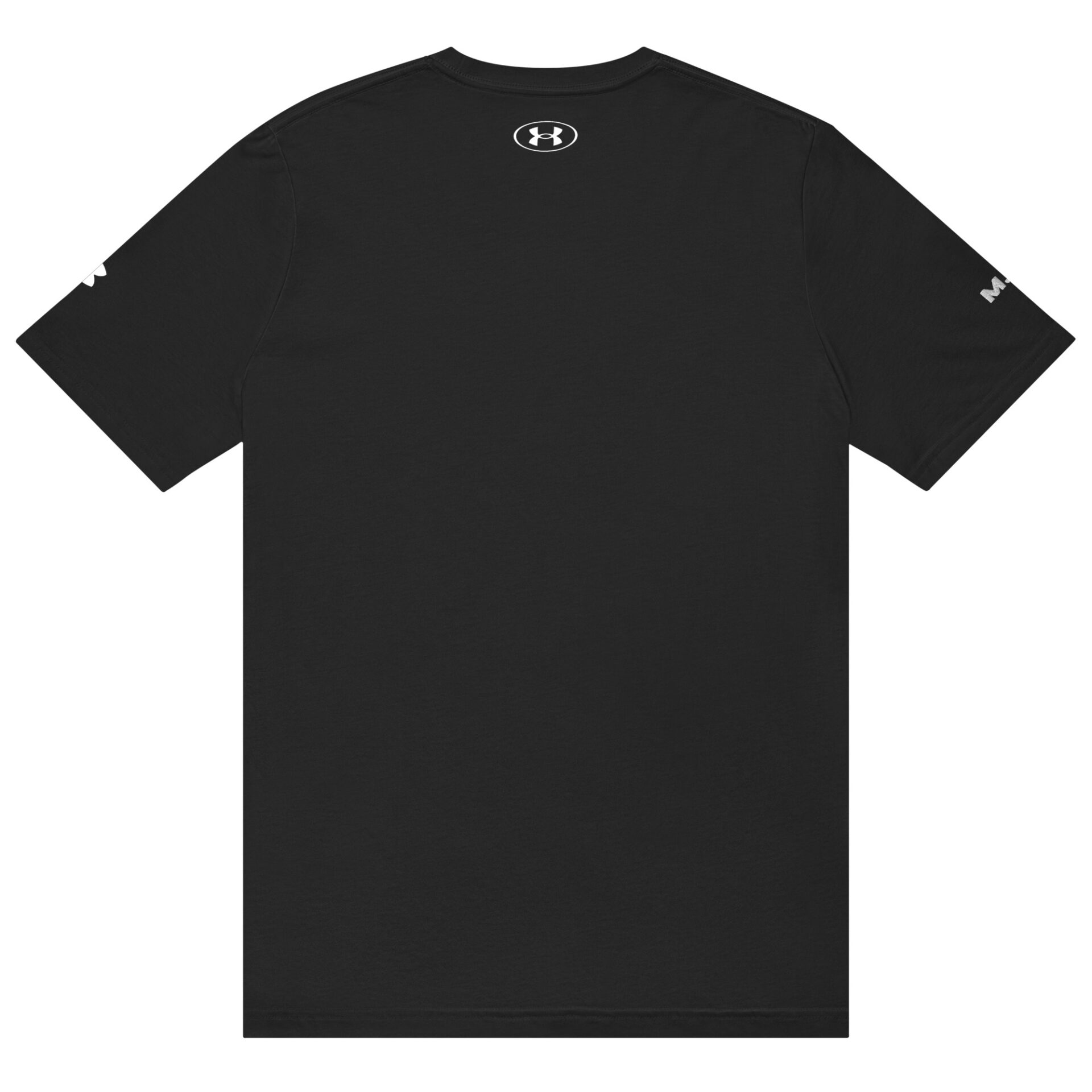 The Under ArmourⓇ athletic t-shirt CHAMP in plain black is shown from the back, with a small white logo at the upper center and additional CHAMP and Under Armour logos on each sleeve. The Under ArmourⓇ athletic t-shirt CHAMP in plain black is shown from the back, with a small white logo at the upper center and additional CHAMP and Under Armour logos on each sleeve.