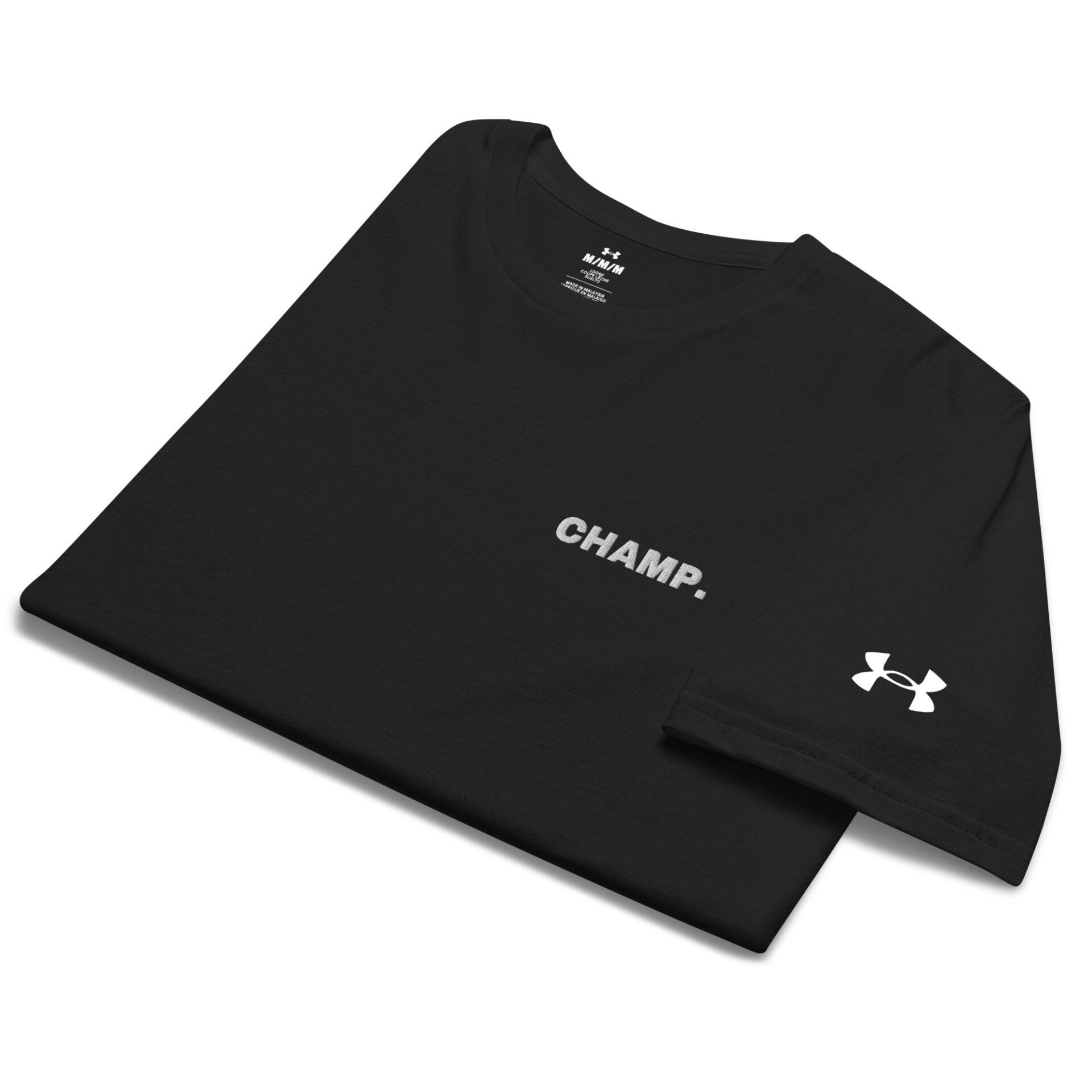 The Under ArmourⓇ athletic T-shirt, neatly folded, displays CHAMP. in white across the chest with the Under Armour logo on the left sleeve, creating a sporty look. The Under ArmourⓇ athletic T-shirt, neatly folded, displays CHAMP. in white across the chest with the Under Armour logo on the left sleeve, creating a sporty look.