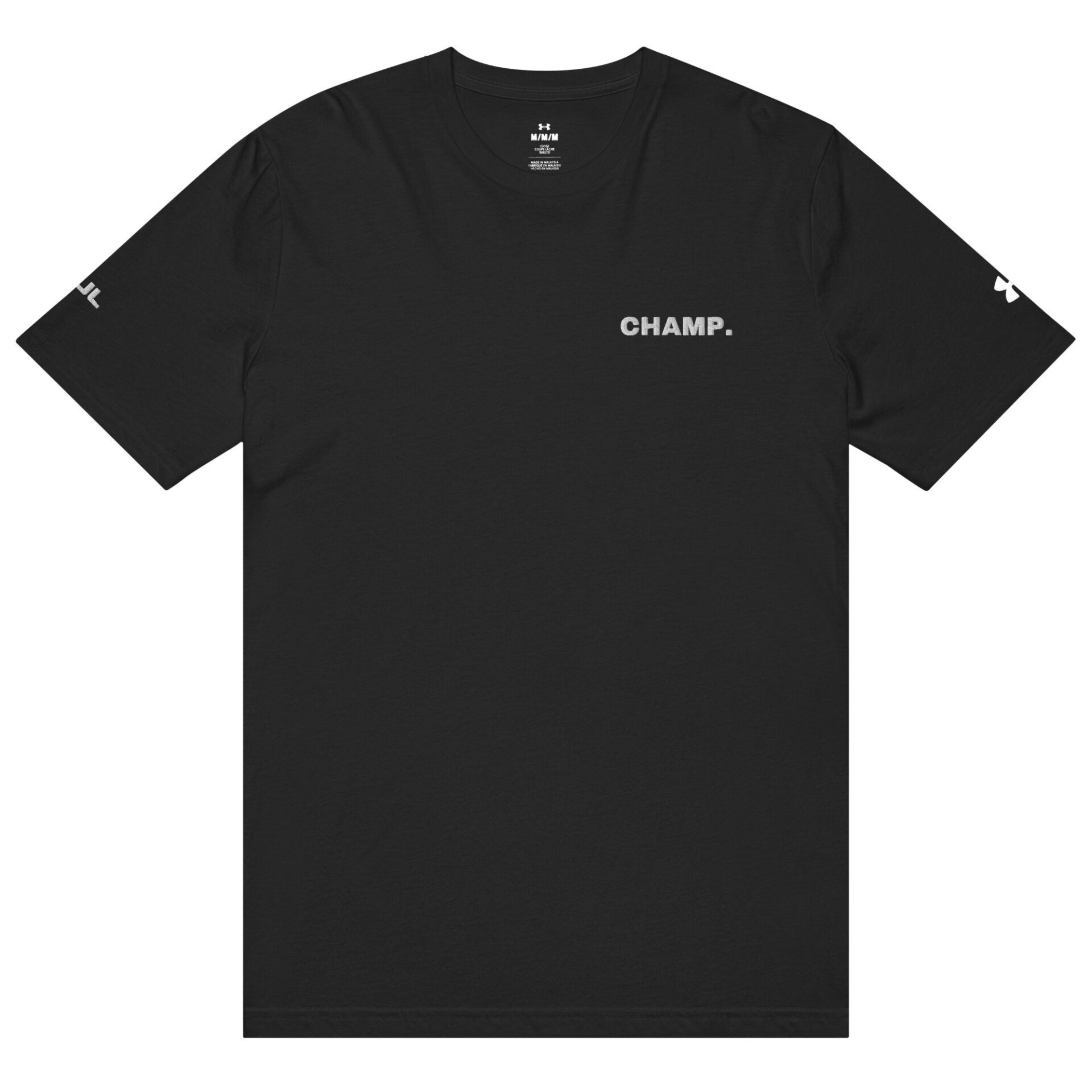 The Under ArmourⓇ athletic t-shirt CHAMP is black with CHAMP. in white on the left chest and small white logos on each sleeve. The Under ArmourⓇ athletic t-shirt CHAMP is black with CHAMP. in white on the left chest and small white logos on each sleeve.