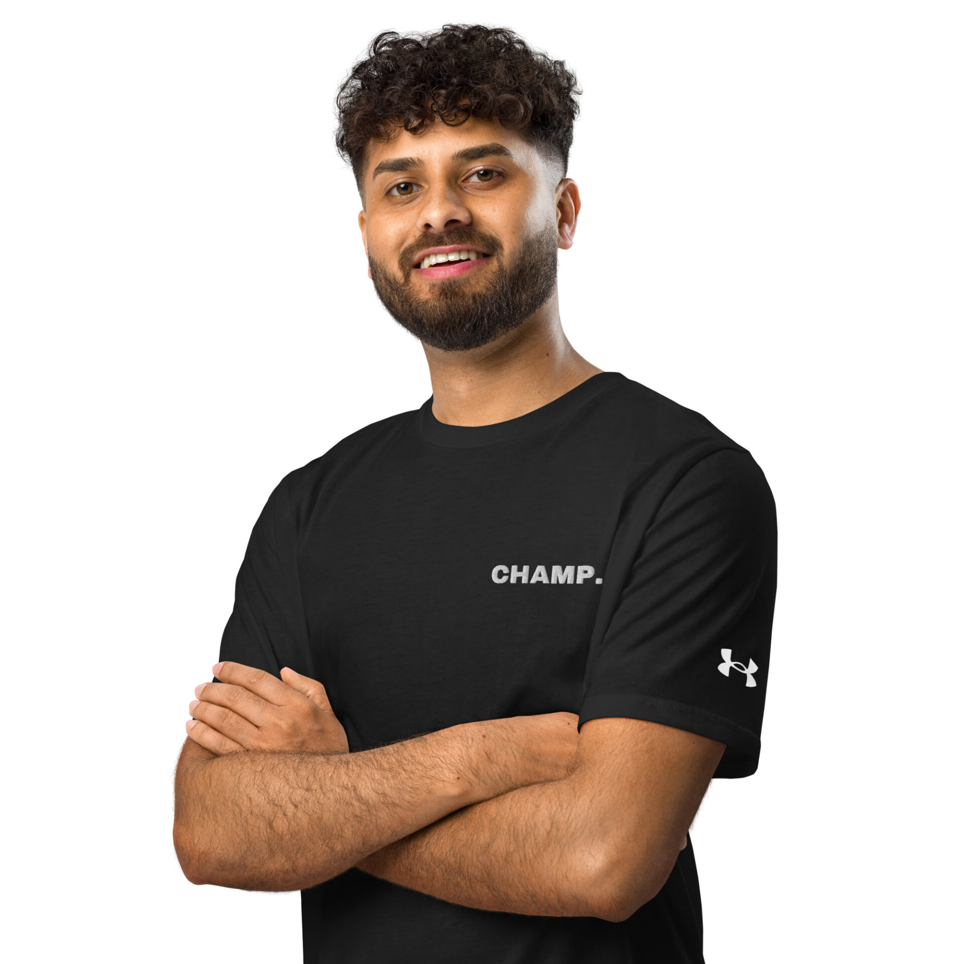 A bearded man with curly hair smiles with arms crossed, wearing an Under ArmourⓇ athletic t-shirt CHAMP against a plain white background. A bearded man with curly hair smiles with arms crossed, wearing an Under ArmourⓇ athletic t-shirt CHAMP against a plain white background.