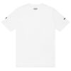 An Under ArmourⓇ athletic t-shirt in plain white is shown from the back, displaying a small black Under Armour logo near the upper center neckline and small black text on both sleeves. An Under ArmourⓇ athletic t-shirt in plain white is shown from the back, displaying a small black Under Armour logo near the upper center neckline and small black text on both sleeves.