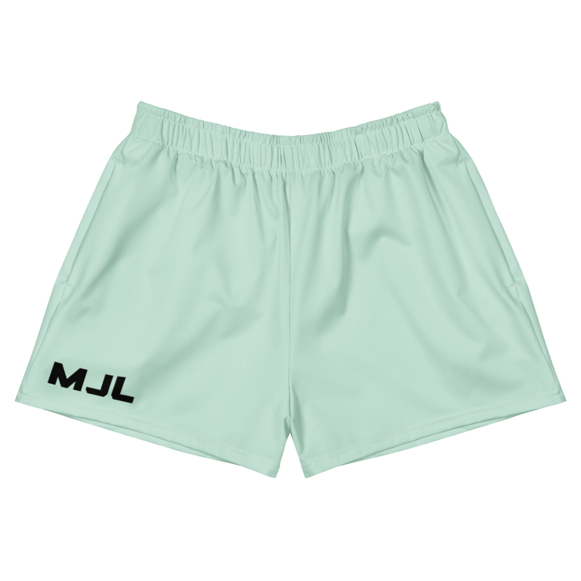 Light green MJL Athletic Shorts featuring an elastic waistband and black MJL initials on the lower left leg, shown against a plain white background. Light green MJL Athletic Shorts featuring an elastic waistband and black MJL initials on the lower left leg, shown against a plain white background.