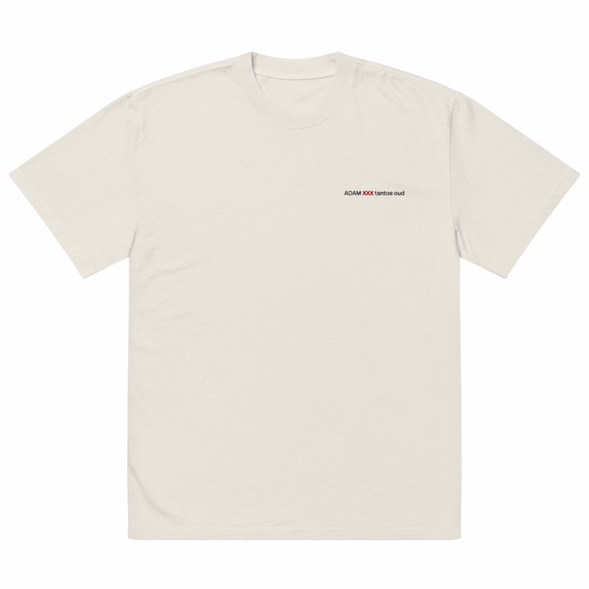 The Oversized faded t-shirt is a plain, light beige top with subtle fading and small black ADAM XXX tastes oud text on the left chest. It features an oversized fit and a minimalistic design with no extra graphics or patterns.