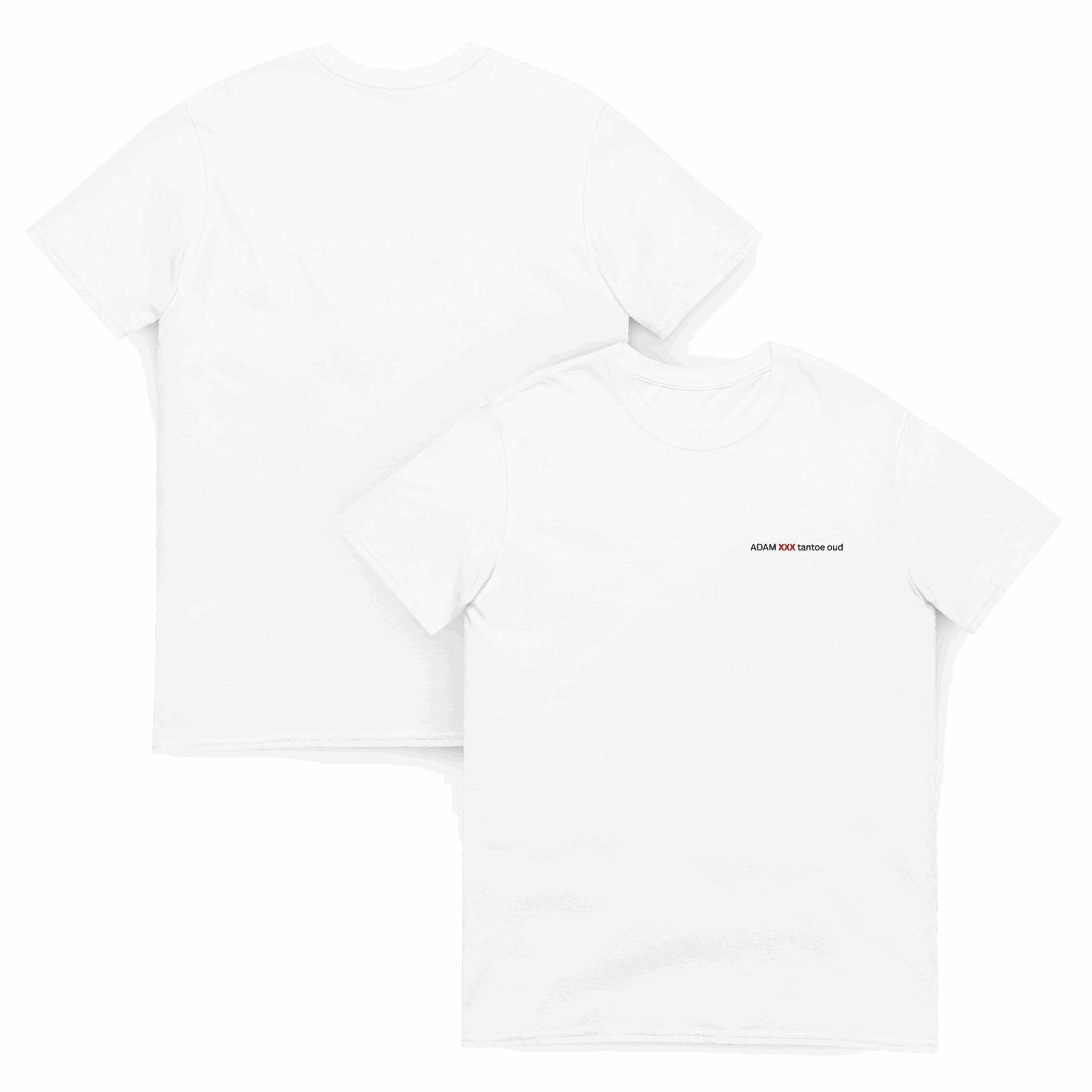 ADAM XXX tantoe oud White Short-Sleeve T-shirt shown from front and back. The front has small red and black text on the left chest reading ASIAN XXII Limited label by ADAM XXX. The back is plain with no design. ADAM XXX tantoe oud White Short-Sleeve T-shirt shown from front and back. The front has small red and black text on the left chest reading ASIAN XXII Limited label by ADAM XXX. The back is plain with no design.