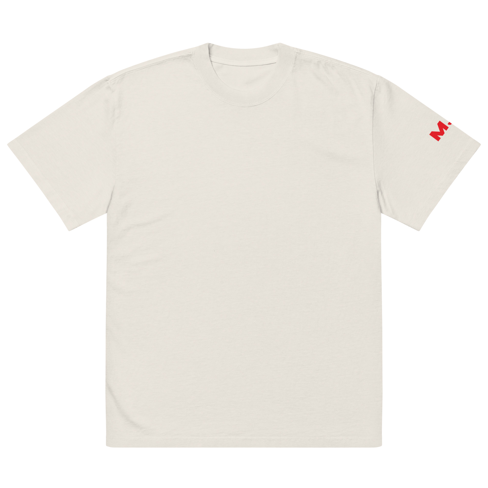 An Oversized faded t-shirt in plain white, laid flat, featuring a small red M. subtly visible at the end of the right sleeve with no other visible designs or features. An Oversized faded t-shirt in plain white, laid flat, featuring a small red M. subtly visible at the end of the right sleeve with no other visible designs or features.